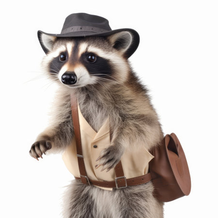 A curious raccoon with a fedora and suspenders isolated AI generated illustrationの素材