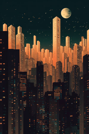 A minimalist cityscape at night AI generated illustrationの素材