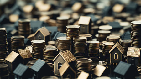 Tiny houses surrounded by coin stacks The housing AI generated illustrationの素材