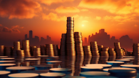 Stacked of coin money tall as towers in sun rise AI generated illustrationの素材
