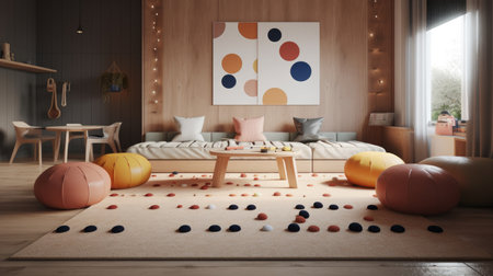 A bowling alleyinspired rug cute modern kids interior AI generated illustrationの素材