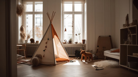 A teepee to play in cute modern kids interior room AI generated illustrationの素材