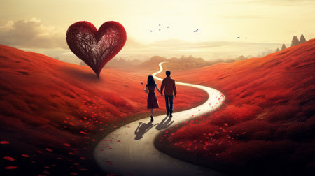 Couple walking down a heart-shaped path AI generated illustrationの素材