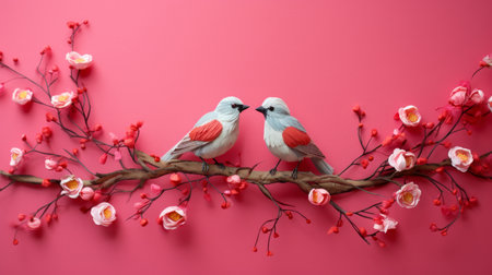 Craft a valentine-themed backdrop showcasing tiny adorable love birds AI generated illustrationの素材