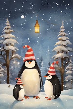 Whimsical winter scene with cute penguins in Santa hats AI generated illustrationの素材