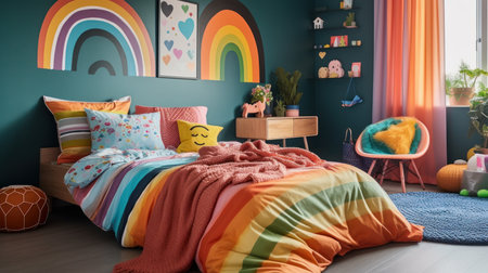 A rainbow-themed room with colorful bedding AI generated illustrationの素材