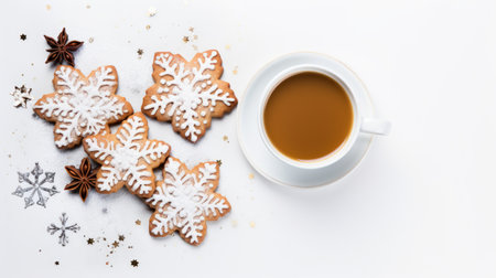 A flat lay of simple Christmas cookies and a cup of cocoa against a clean white backdrop AI generated illustrationの素材