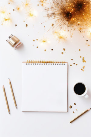 A clean bright New Years theme flat lay with calendar and sparklers AI generated illustrationの素材