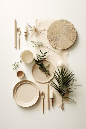 A minimalist New Year presentation showcasing a flat lay of eco-friendly party decor AI generated illustrationの素材