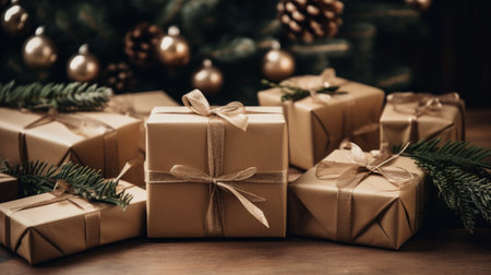 A simple yet elegant flat layout of wrapped gifts with name tags for Christmas AI generated illustrationの素材