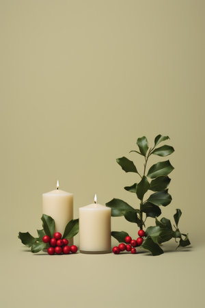 A minimalist flat lay design of candles and holly plant for a Christmas product presentation AI generated illustrationの素材