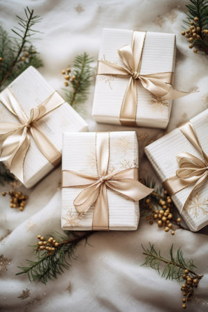 A simple yet elegant flat layout of wrapped gifts with name tags for Christmas AI generated illustrationの素材