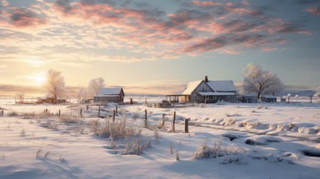 A farm covered in fresh white snow sparkling under the sunlight but devoid of any life AI generated illustrationの素材
