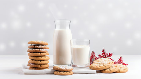 A simple yet festive flat lay of Christmas cookies and milk against a textured white background AI generated illustrationの素材
