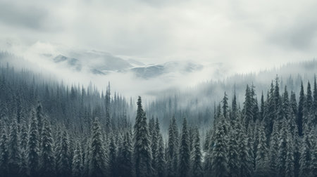 A snowy evergreen forest under a cloudy sky capturing the simplicity and monochromatic beauty of winter landscapes AI generated illustrationの素材