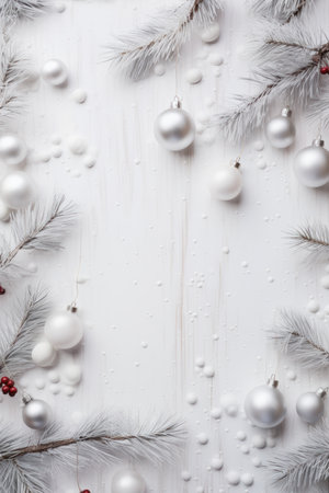 A snowy white flat lay with delicate Christmas tree branches and ornaments AI generated illustrationの素材