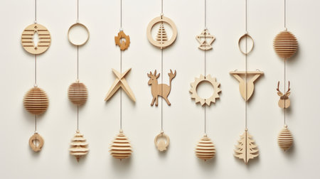 A flat layout of eco-friendly wooden Christmas ornaments against an off- white backdrop AI generated illustrationの素材