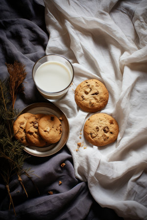 A soothing minimalistic flat lay of baked cookies and warm milk for Christmas night AI generated illustrationの素材
