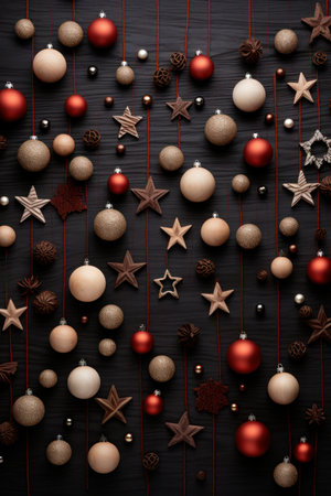Christmas backdrop with a flat lay arrangement of minimalist wooden ornaments AI generated illustrationの素材