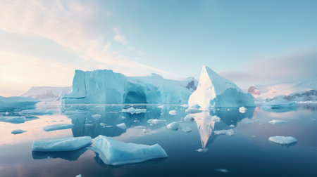 Majestic icebergs glistening in a polar landscape portraying the pristine beauty and minimalism of icy terrains AI generated illustrationの素材