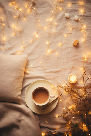 Festive season themed flat lay in minimalistic style with warm lights AI generated illustrationの素材