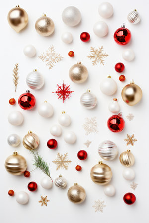 Christmas-themed flat lay featuring subtle holiday decorations on a white surface AI generated illustrationの素材