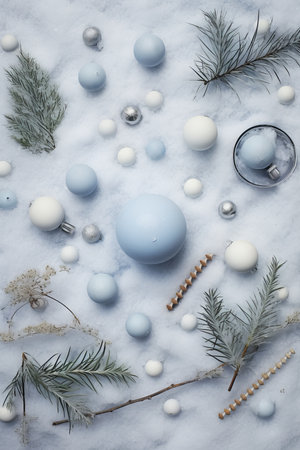 Flat lay mimicking a quiet snowy field with a few Christmas ornaments AI generated illustrationの素材