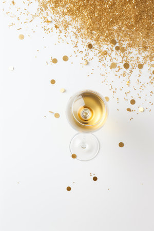 Minimal New Year flat lay with sparkling confetti on a white background AI generated illustrationの素材