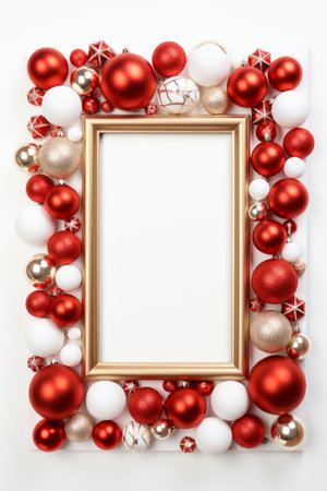 Frame made of red and white Christmas ornaments on a white background AI generated illustrationの素材