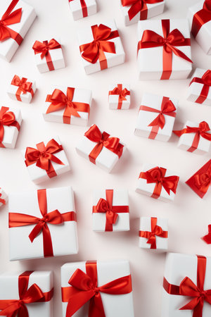 Minimalistic flat lay presentation background with gift boxes and red ribbons AI generated illustrationの素材