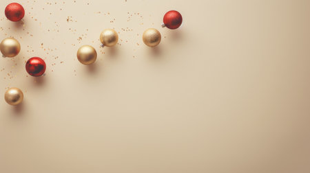 Minimalist Christmas background with sparse holiday baubles scattered on surface AI generated illustrationの素材