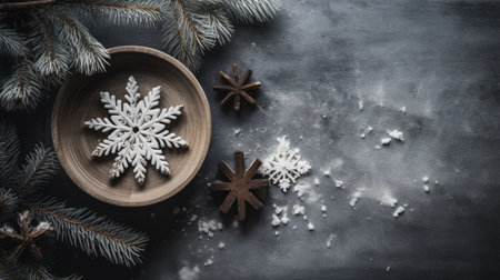 Naturally lit sparse Christmas flat lay featuring a lone snowflake AI generated illustrationの素材