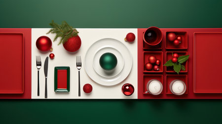 Product presentation on a minimalist flat lay with red and green holiday decor AI generated illustrationの素材