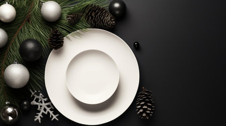 Monochromatic flat lay concept for a minimalist Christmas setting AI generated illustrationの素材