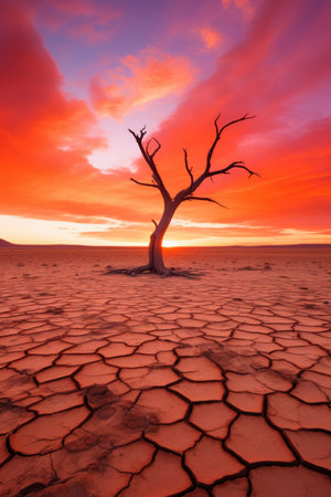 A barren desert against a vibrant sunset sky AI generated illustrationの素材