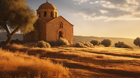 A Byzantine chapel bathed in golden sunlight AI generated illustrationの素材