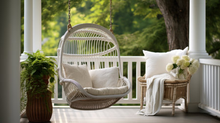 A charming front porch with an empty hanging wicker chair AI generated illustrationの素材