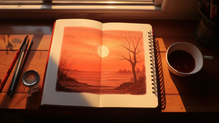 A sketch blankbook page with the sunrise creating a shadow on it AI generated illustrationの素材