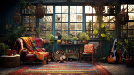 A bohemian style space with a patchwork rug and vintage furniture left empty for product placement AI generated illustrationの素材
