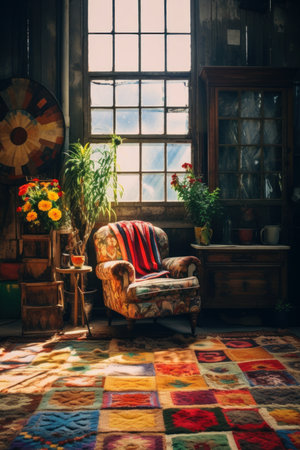 A bohemian style space with a patchwork rug and vintage furniture left empty for product placement AI generated illustrationの素材