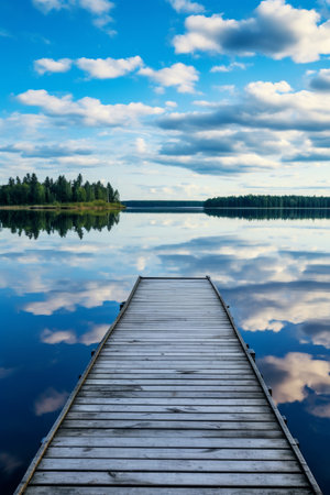A calm lake reflecting a serene sky with an empty wooden dock AI generated illustrationの素材