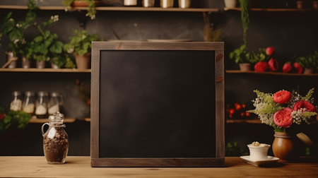 A blank chalkboard in a vintage style cafe for product presentation AI generated illustrationの素材