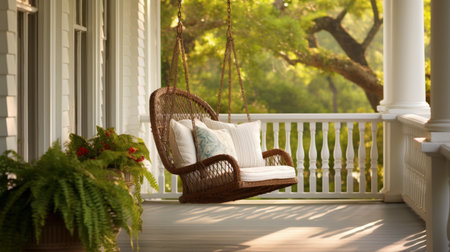 A charming front porch with an empty hanging wicker chair AI generated illustrationの素材