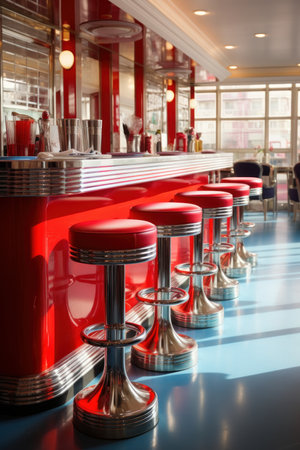 A classic American diner style space with red vinyl stools and chrome accents AI generated illustrationの素材