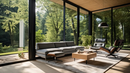 A contemporary minimalistic sun room with floor-to-ceiling windows AI generated illustrationの素材