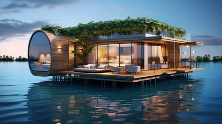 A conceptual design of a floating water villa AI generated illustrationの素材