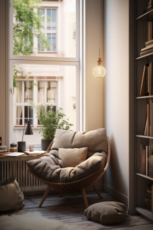 A cozy reading nook in a minimalist urban apartment AI generated illustrationの素材