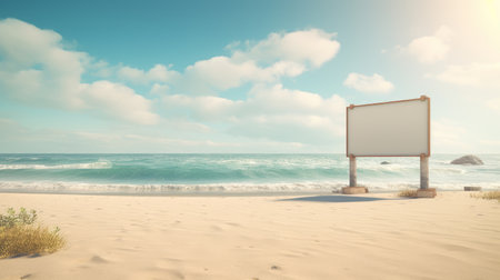 A deserted beach setting with a large sign for product promotion AI generated illustrationの素材