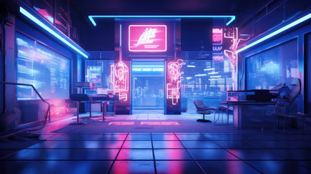 A depiction of a bare scene with radiating neon lights for a product showcase AI generated illustrationの素材