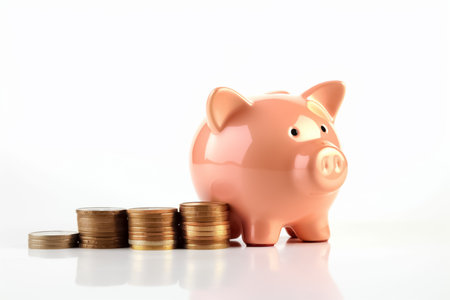 Piggy bank with a stack of coins, finance and financial, illustration. AI generated images. Money box, banking, economy, cash and moneyの素材